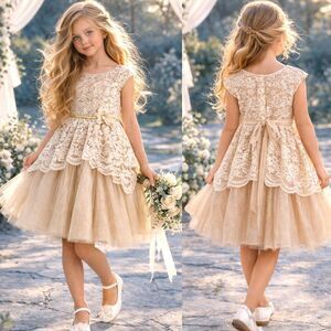 Jona Michelle Girls 8 Gold Crochet Lace Overlay Tulle Bridal Dress Glitter Skirt